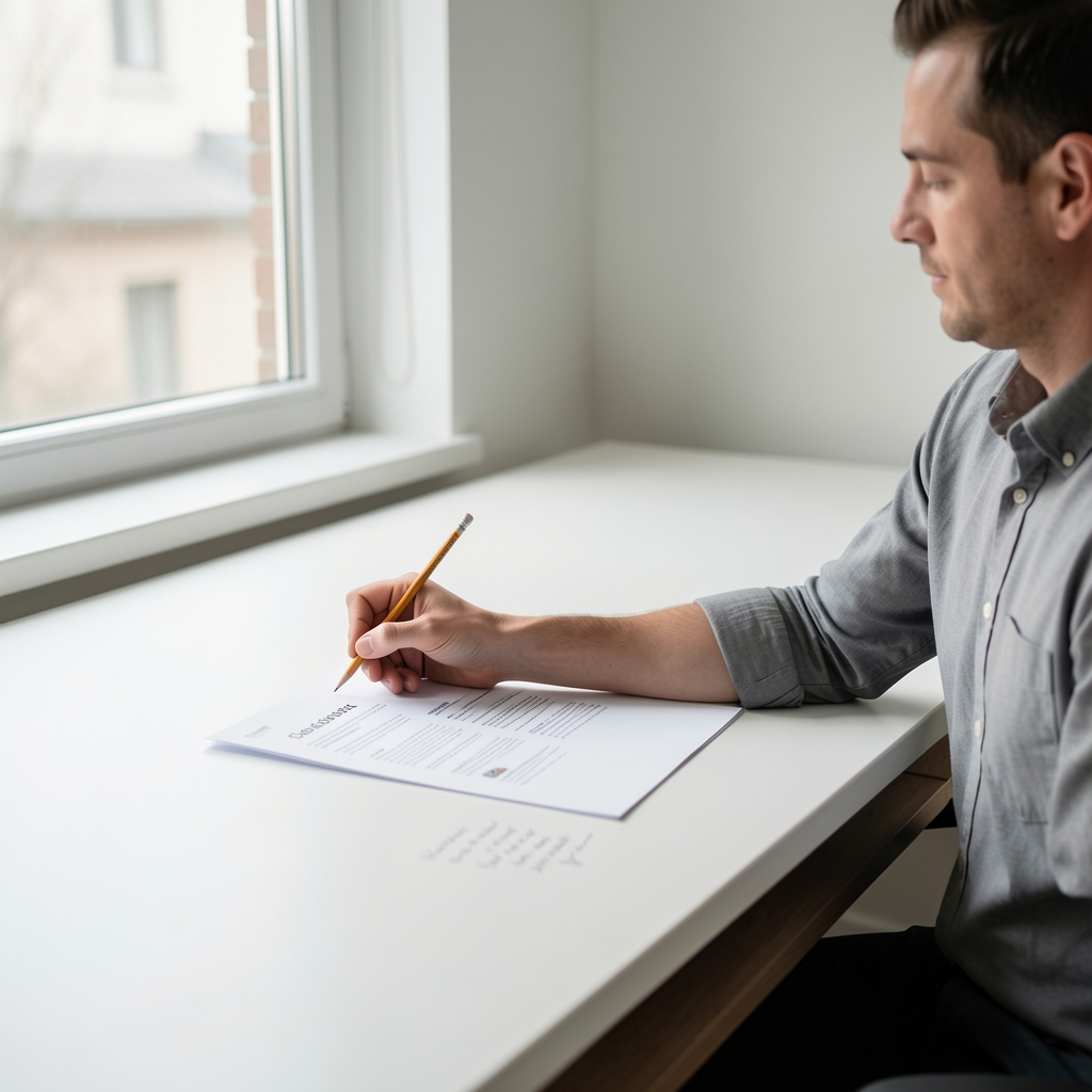 Editor reviewing printed catalogue entries at a clean wide desk, marking notes with a pencil, natural light coming through a window beside the workspace