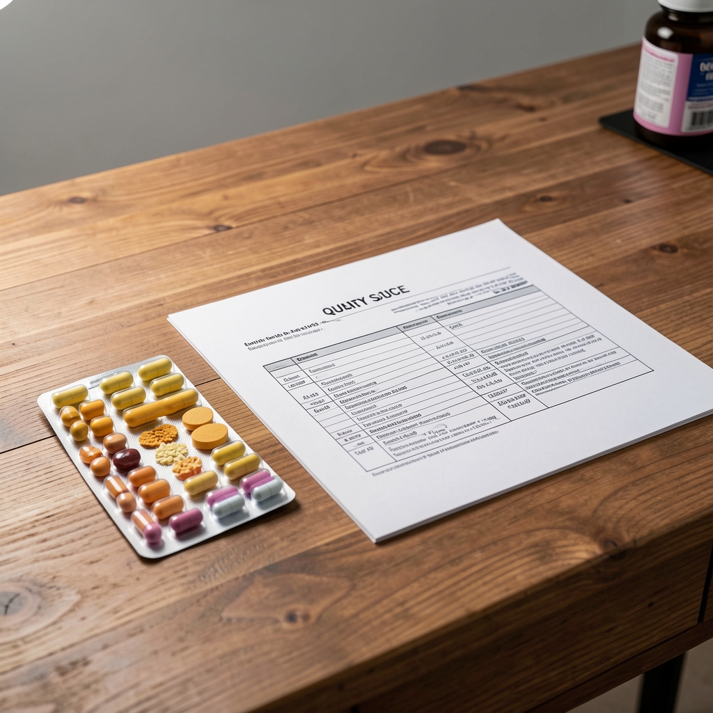 Quality-control environment showing supplement serving portions arranged beside ingredient source documentation on a wooden desk under studio lighting