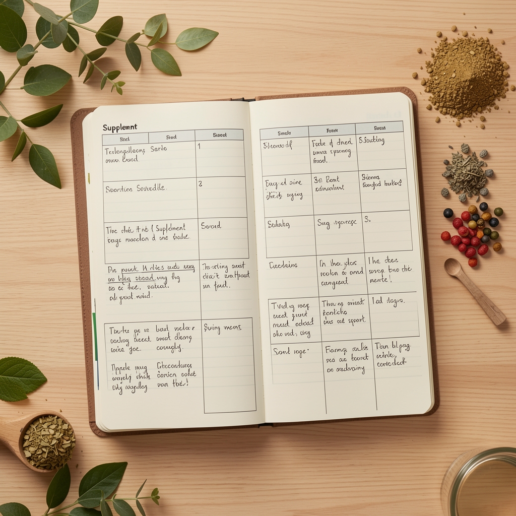 Overhead view of an organised supplement serving schedule journal with handwritten notes, positioned on a clean wooden desk with botanical ingredient samples alongside