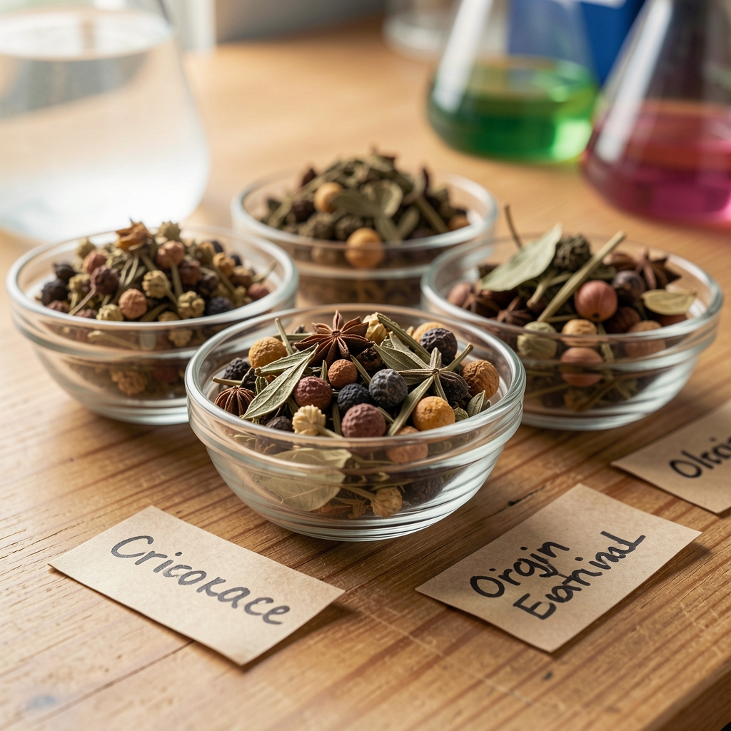 Close-up photograph of dried botanical ingredients arranged in small glass bowls on a wooden laboratory surface with handwritten origin labels visible