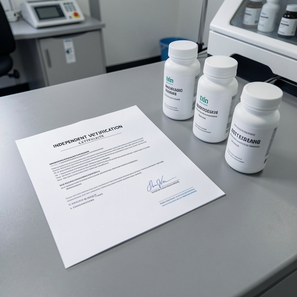 Independent verification certificate documents laid flat on a grey surface alongside batch-coded supplement containers in a quality-control environment