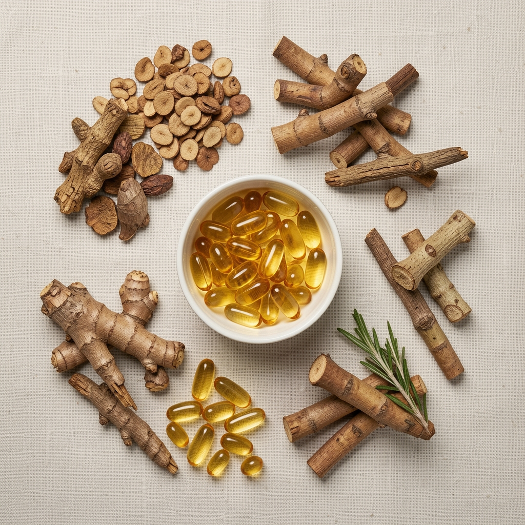 Overhead flat-lay of B-vitamin complex serving portions alongside botanical adaptogen root pieces, arranged on a pale linen surface under controlled studio lighting