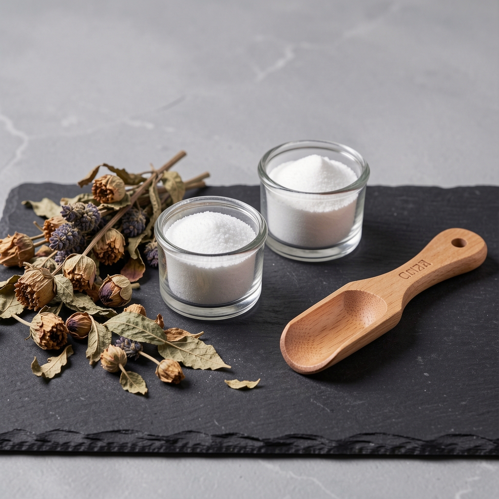 Magnesium and zinc supplement serving portions displayed in small glass vessels beside dried botanical leaves and a wooden measuring spoon on a slate surface under clean studio lighting