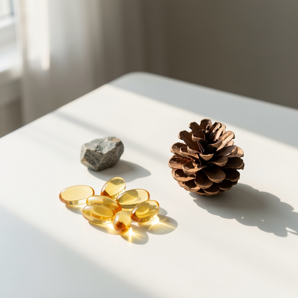 Vitamin D3 and K2 soft-gel portions arranged beside a small pine cone, a mineral stone and morning light falling across a clean white composition table